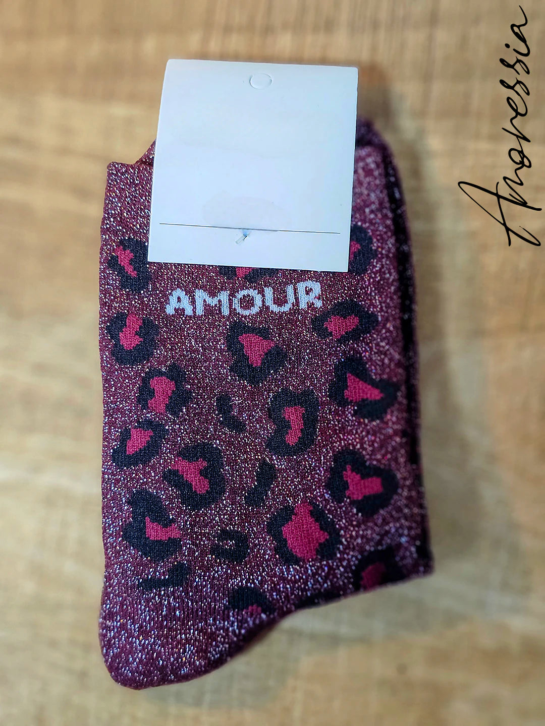 Chaussettes léopard à paillettes – Message “Amour” 💖