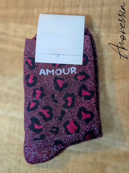 Chaussettes léopard à paillettes – Message “Amour” 💖