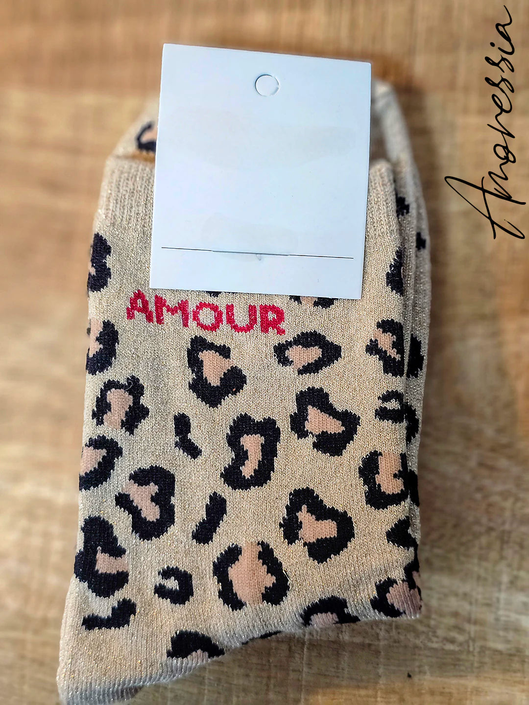 Chaussettes léopard à paillettes – Message “Amour” 💖