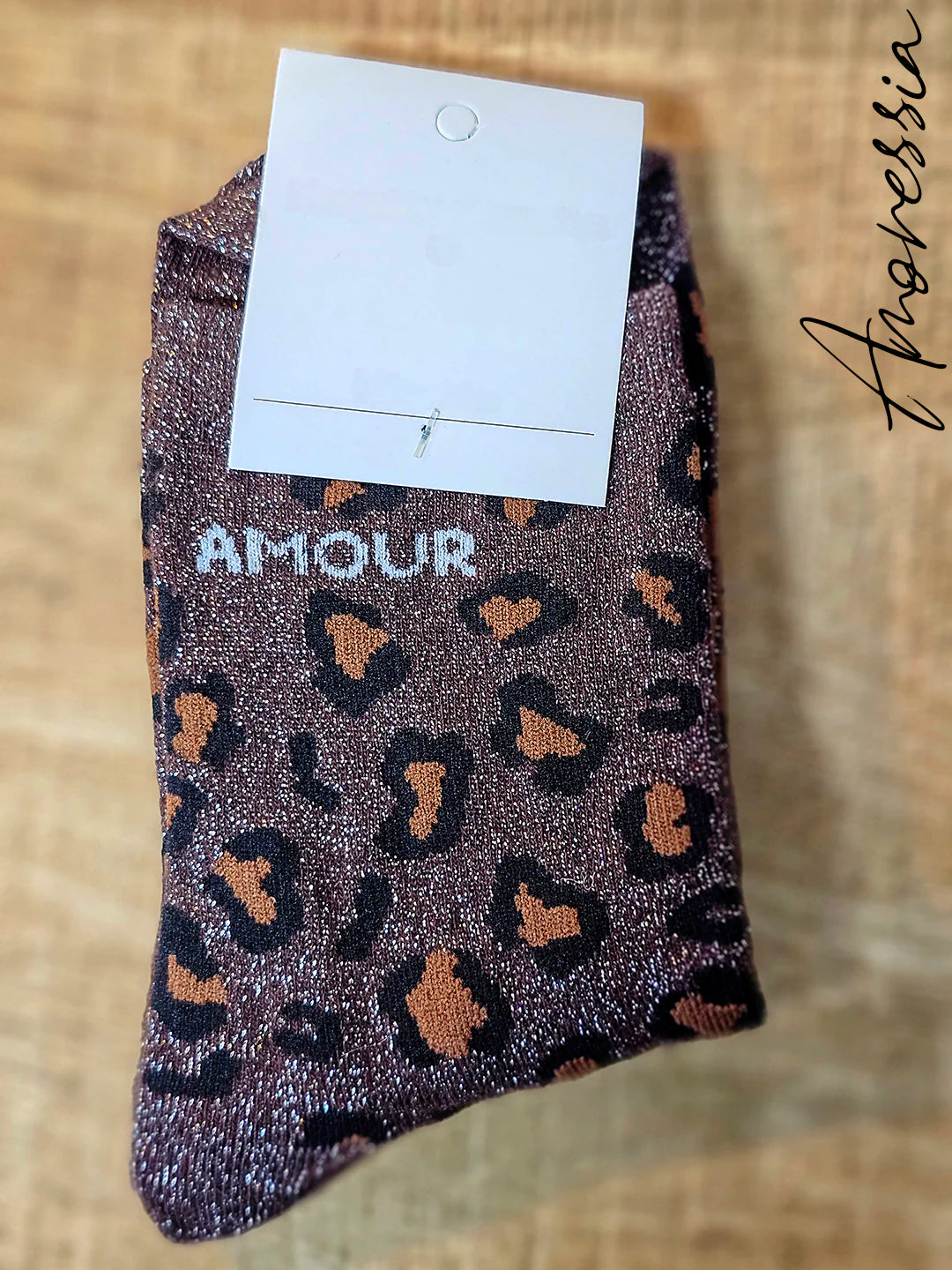 Chaussettes léopard à paillettes – Message “Amour” 💖