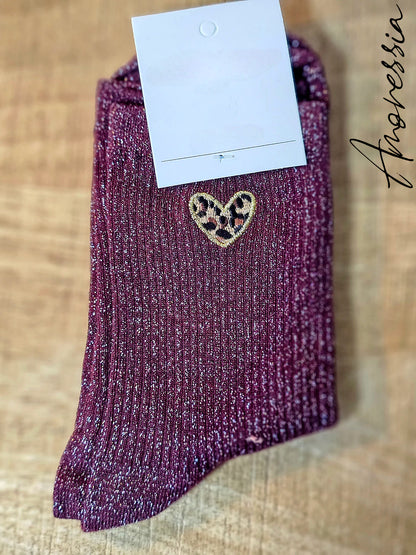Chaussettes à paillette cœur Léopard