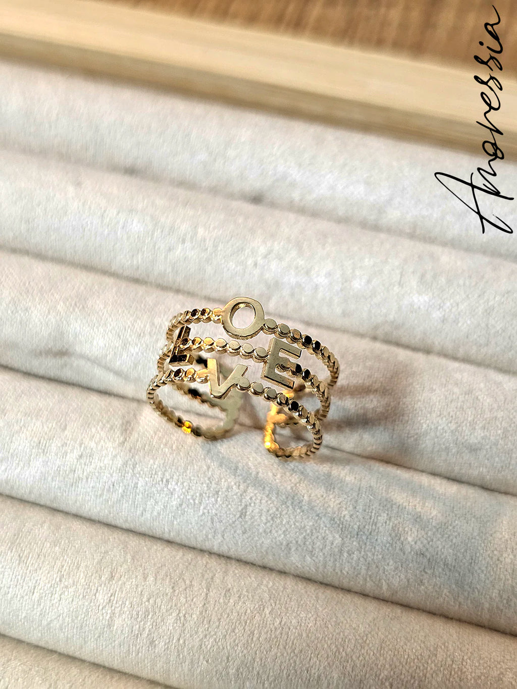 Bague Triple Rang Love — Bague Dorée Triple Rang Inscription Femme