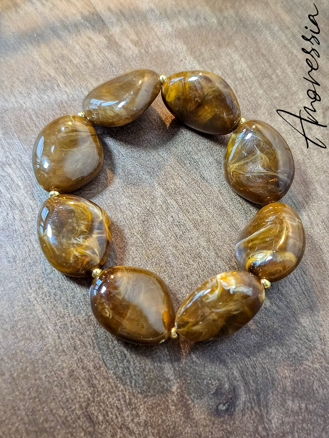 Bracelet Élastique Marron Doré — Bracelet Perles Marron Doré Femme