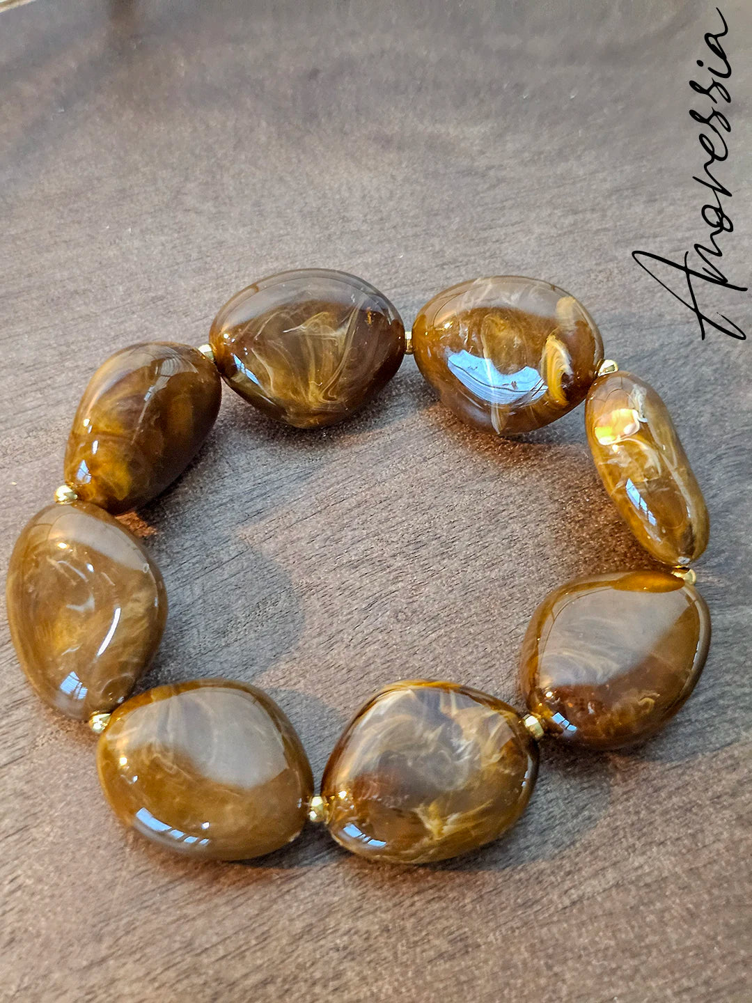 Bracelet Élastique Marron Doré — Bracelet Perles Marron Doré Femme zoom