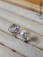 Bague Argentée Ouverte Strass — Bague Strass Carré Perle Blanche Femme