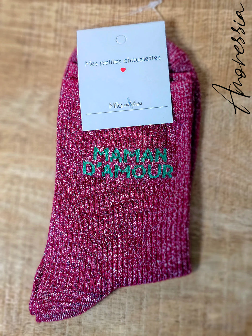 Chaussettes Paillettes Maman d'Amour — Chaussettes Brodées Femme photo portées