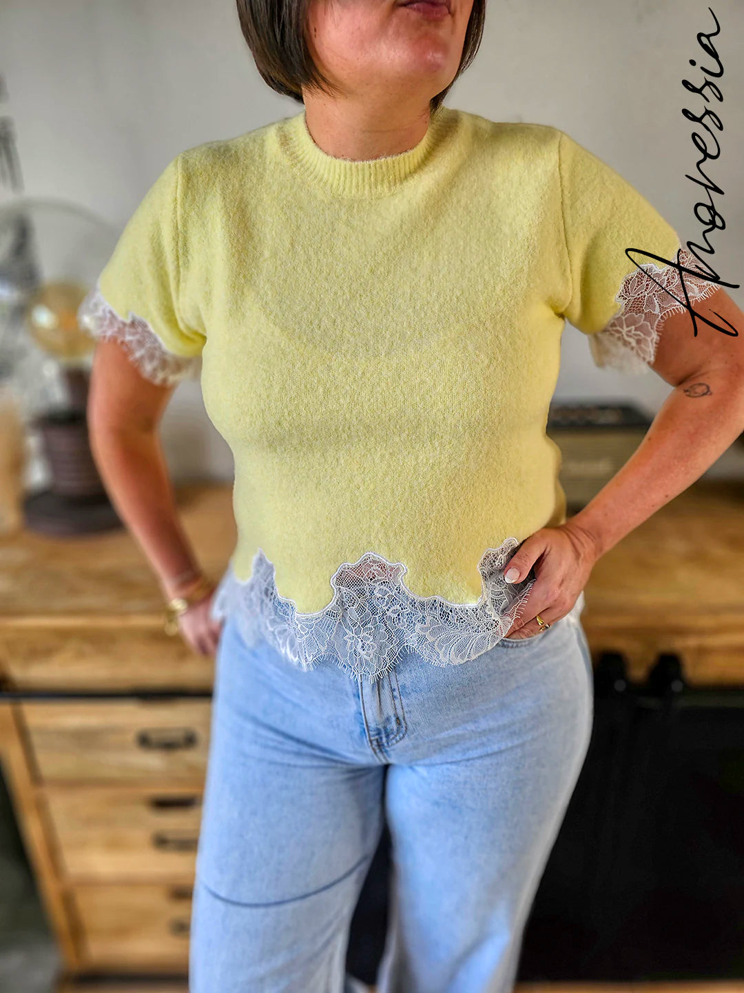 Pull Lova Jaune — Pull Manches Courtes Dentelle Jaune Femme