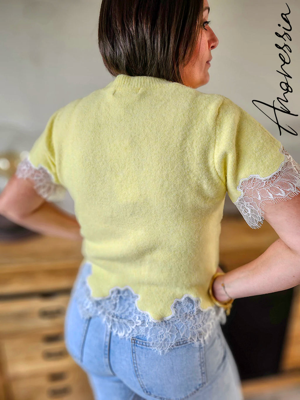 Pull Lova Jaune — Pull Manches Courtes Dentelle Jaune Femme autre vue