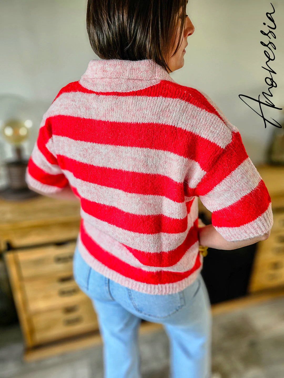 Gilet Polo — Gilet Rayé Rose Rouge Col Polo Femme vue dos
