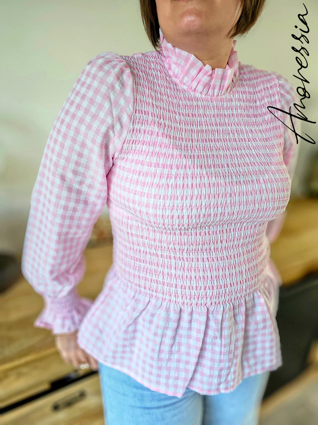 Blouse vichy rose — Blouse Vichy Rose Femme photo portée