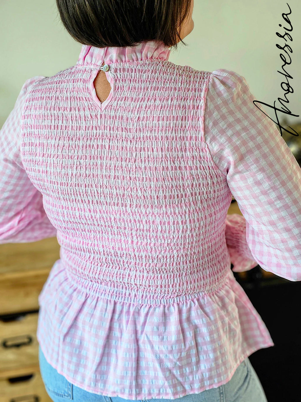Blouse vichy rose — Blouse Vichy Rose Femme photo lifestyle
