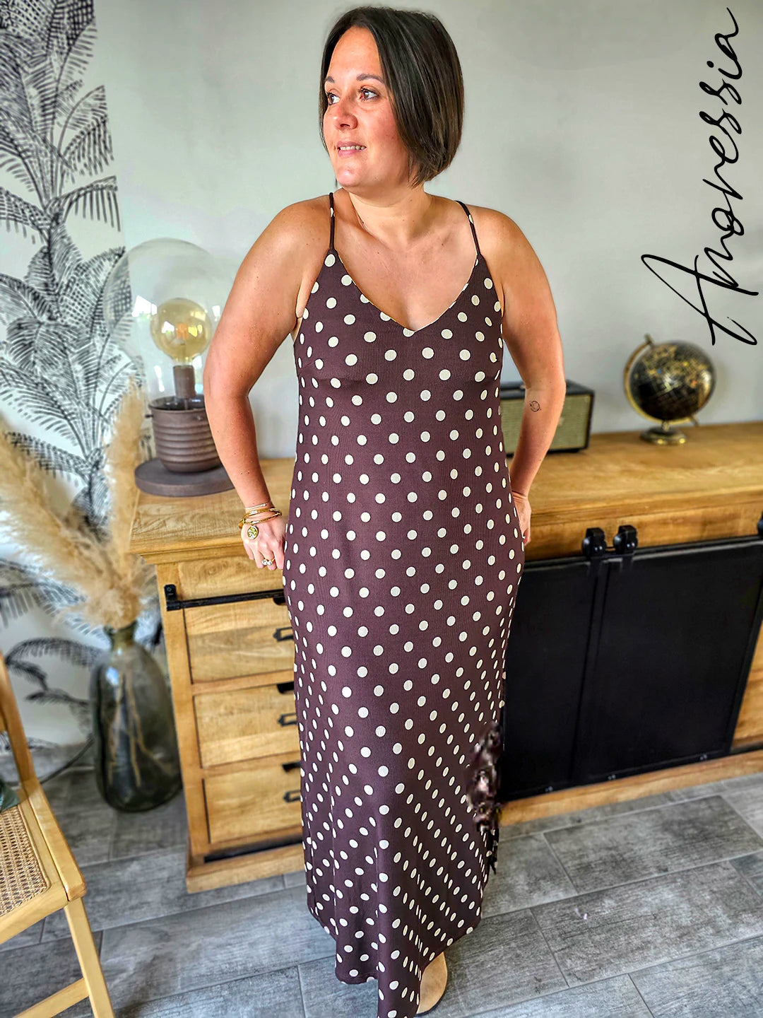 Robe Longue Pois — Robe Longue Chocolat Pois Bretelles Croisées Femme