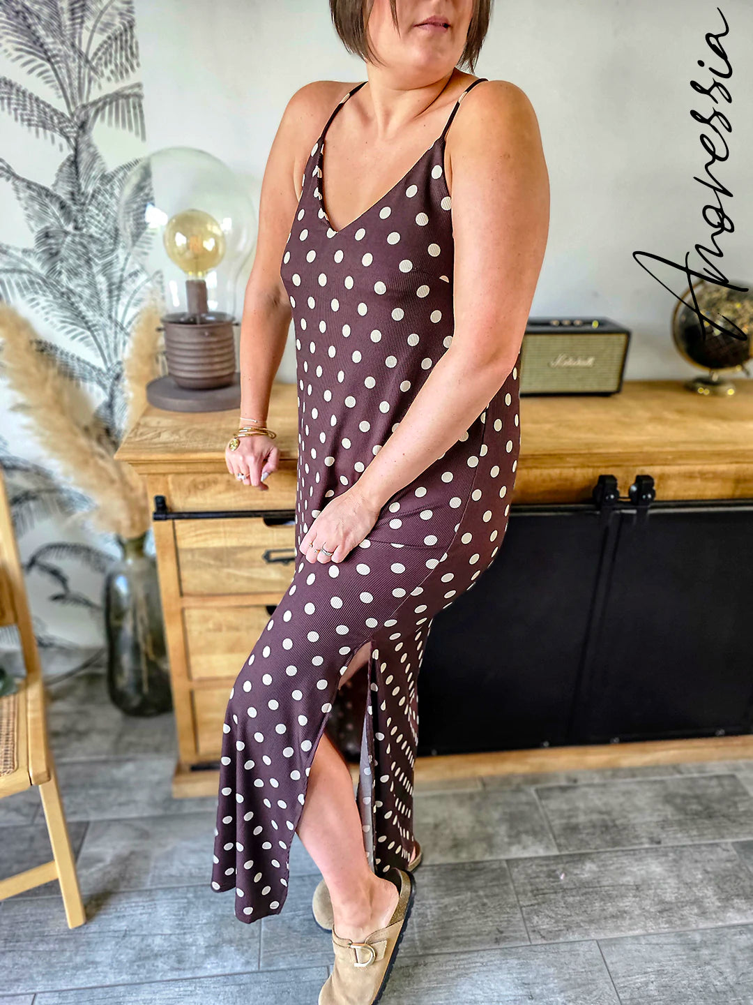 Robe Longue Pois — Robe Longue Chocolat Pois Bretelles Croisées Femme photo portée