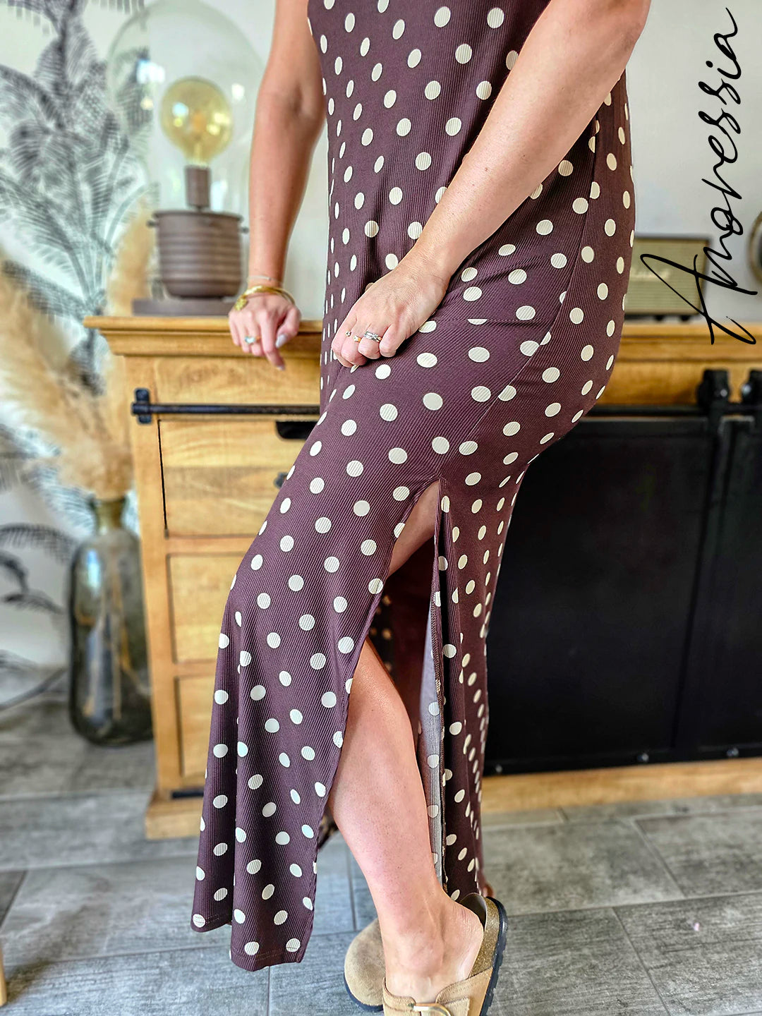 Robe Longue Pois — Robe Longue Chocolat Pois Bretelles Croisées Femme vue détail