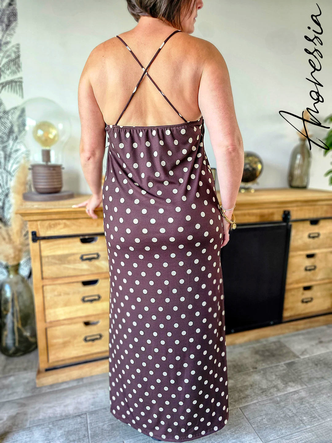 Robe Longue Pois — Robe Longue Chocolat Pois Bretelles Croisées Femme autre vue
