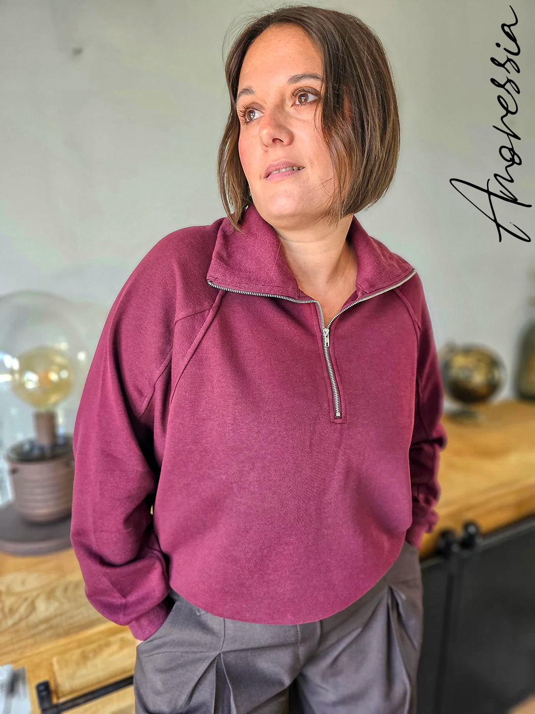 Sweat Zippé Col Montant Femme — Sweat Prune