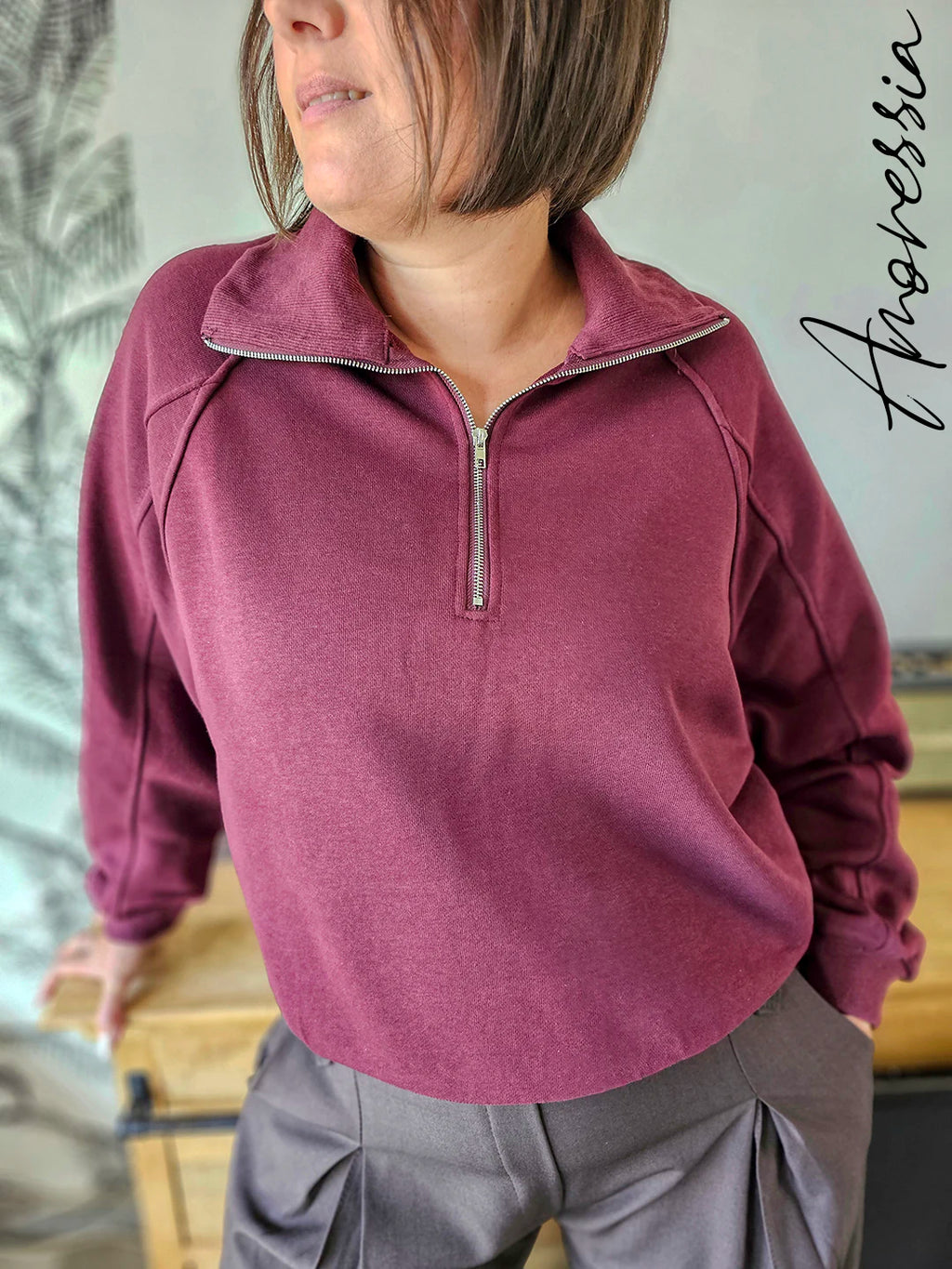Sweat Zippé Col Montant Femme — Sweat Prune