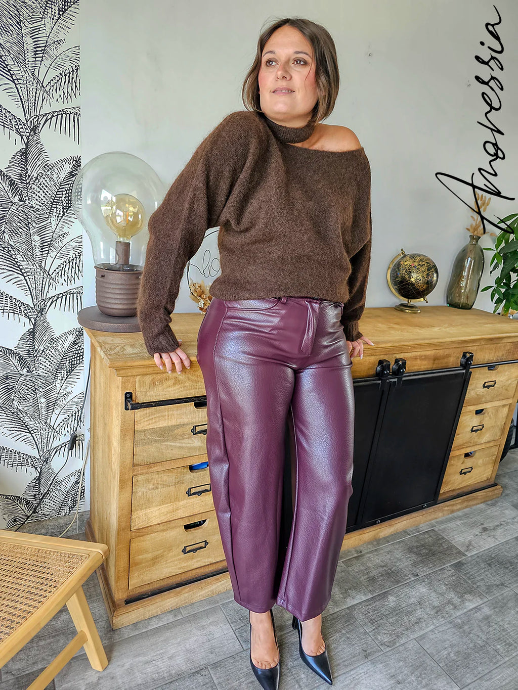 Pantalon Barrel Simili Cuir Bordeaux Femme — Pantalon Sofia