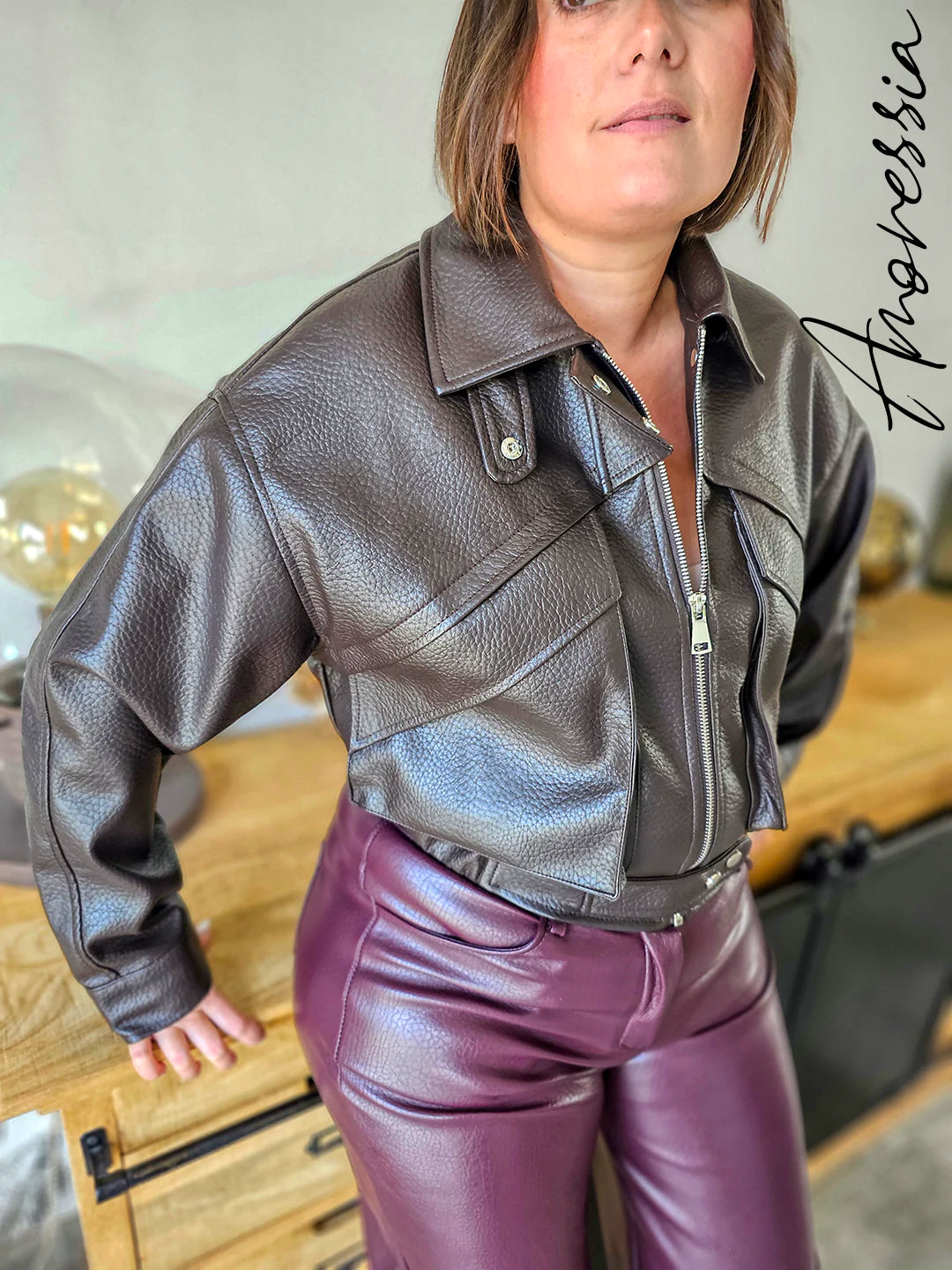 Veste Simili Cuir Marron Oversize Femme — Veste Ange