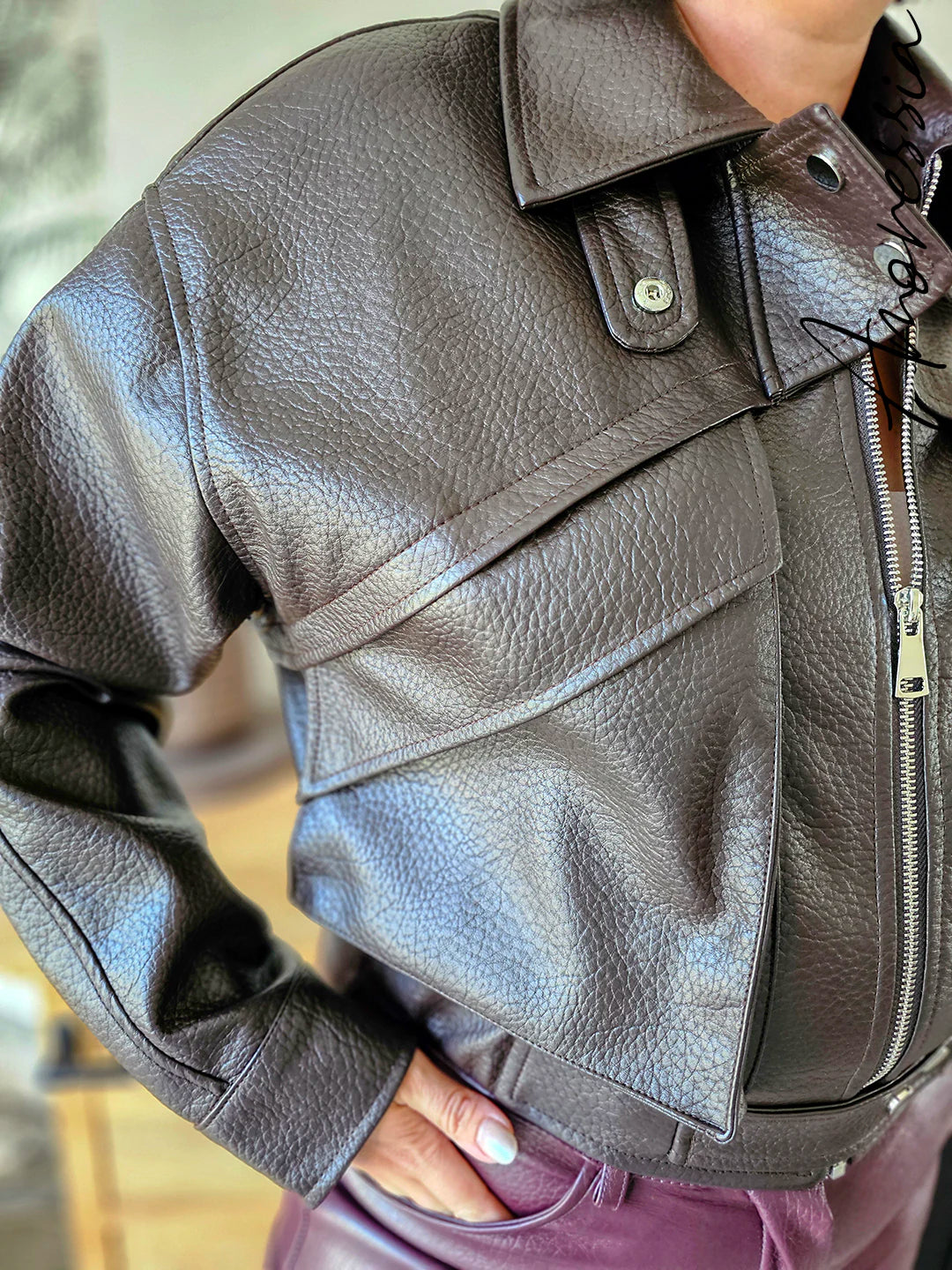 Veste Simili Cuir Marron Oversize Femme — Veste Ange